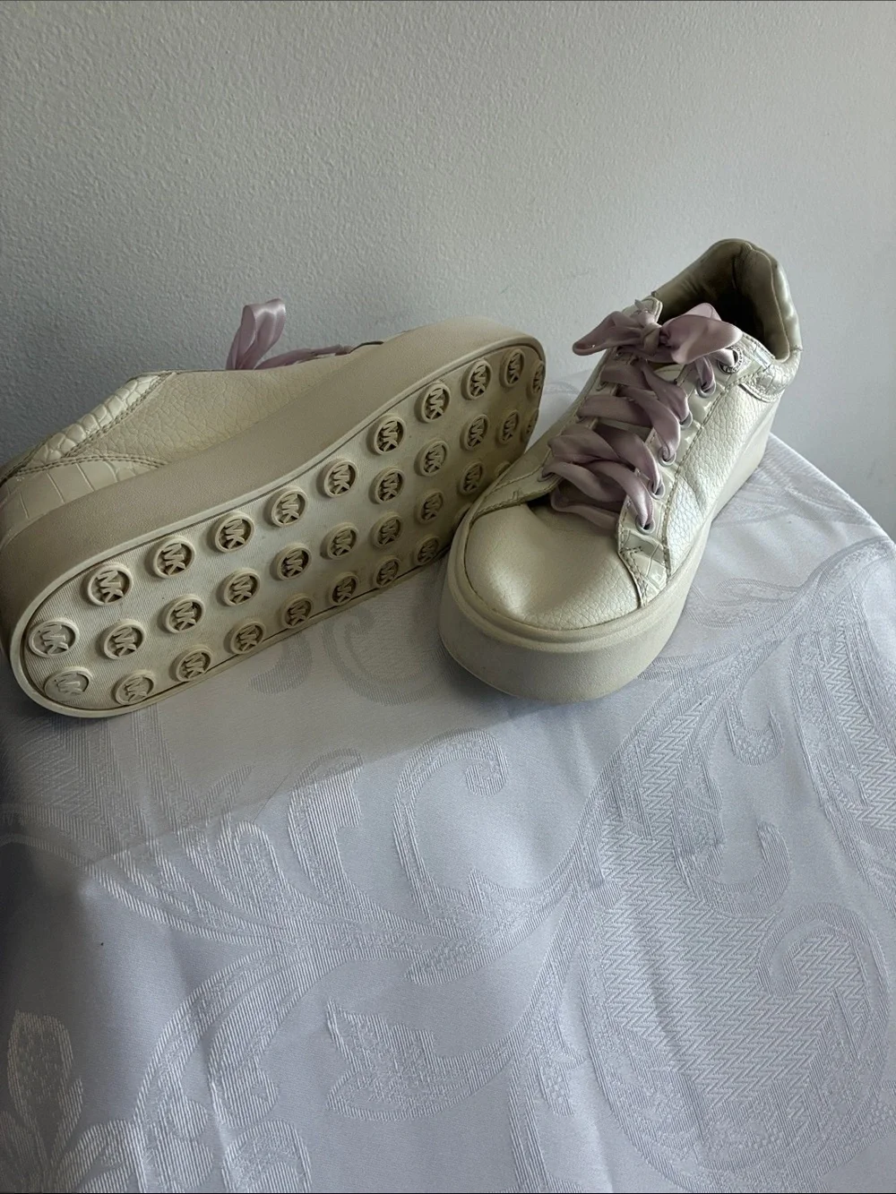Michael Kors Cream Leather Sneakers with Light Pink Ribbon Laces